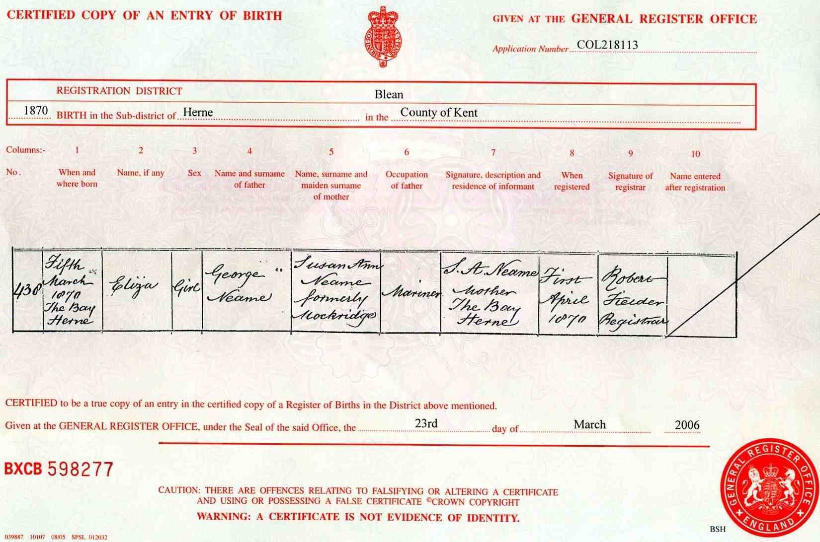 Birth Certificate of Eliza Neame